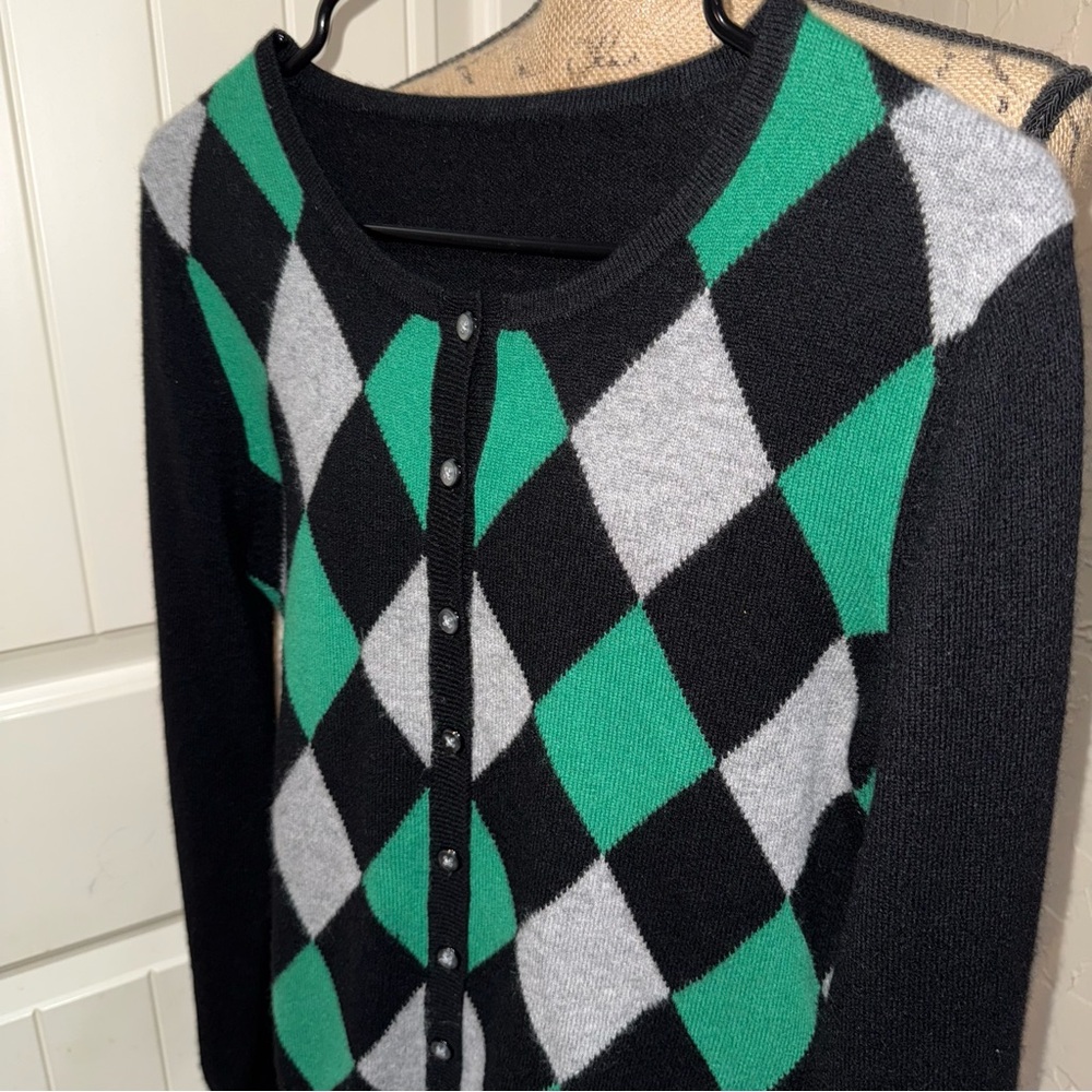 Quiet Luxury 100% Cashmere Cardigan Argyle Sweater Button Black Green Preppy